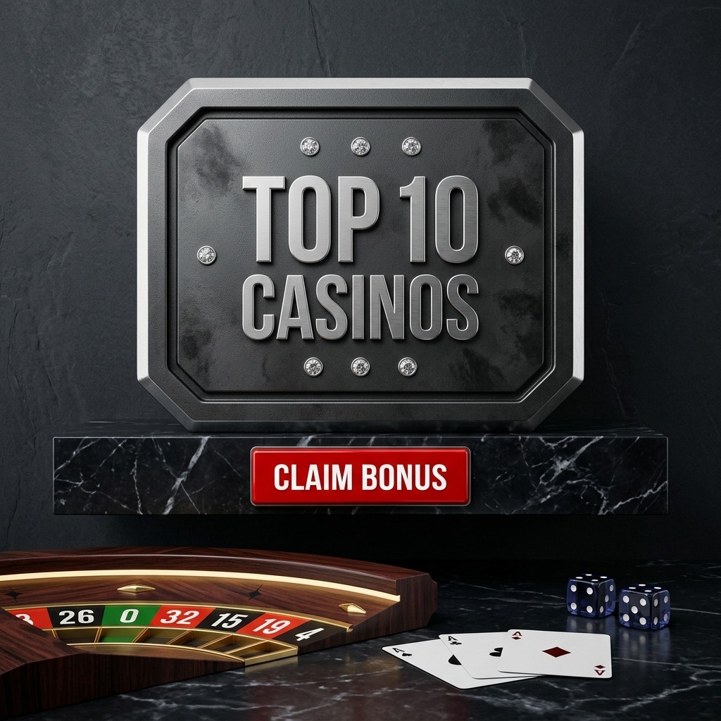 Timeto social card table: a Top 10 Casinos plaque on marble with a Claim Bonus sign, roulette wheel, cards and dice.